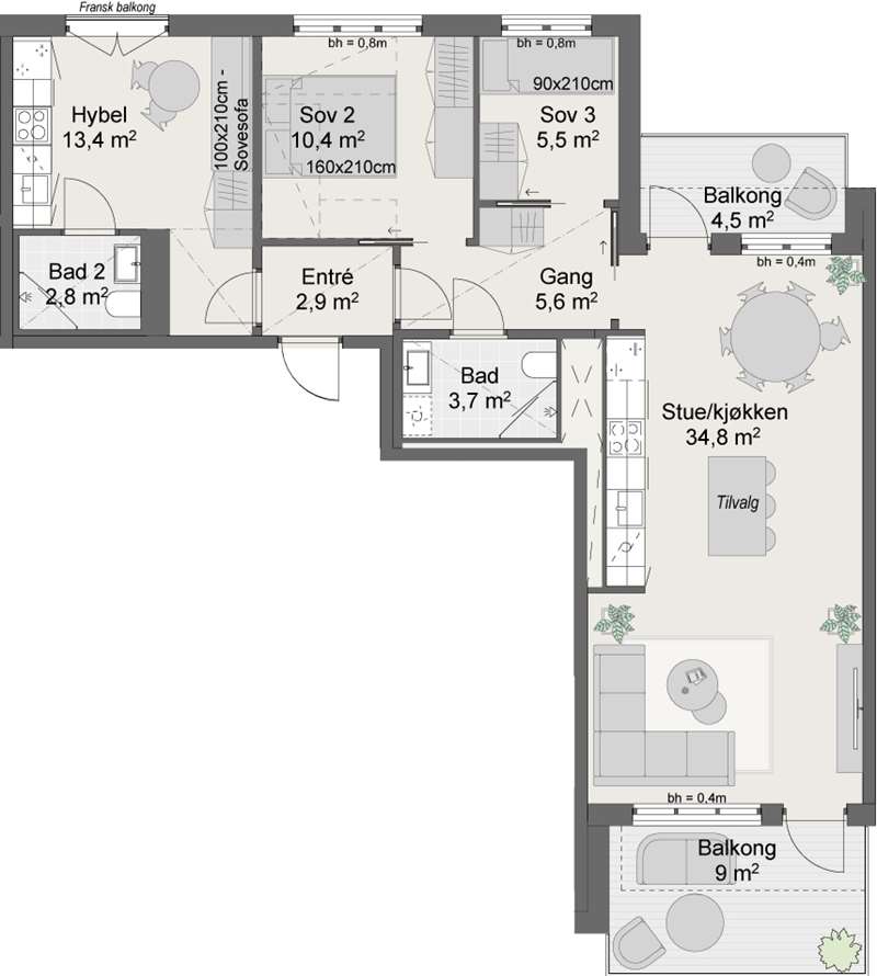 Alternativ planløsning med hybel